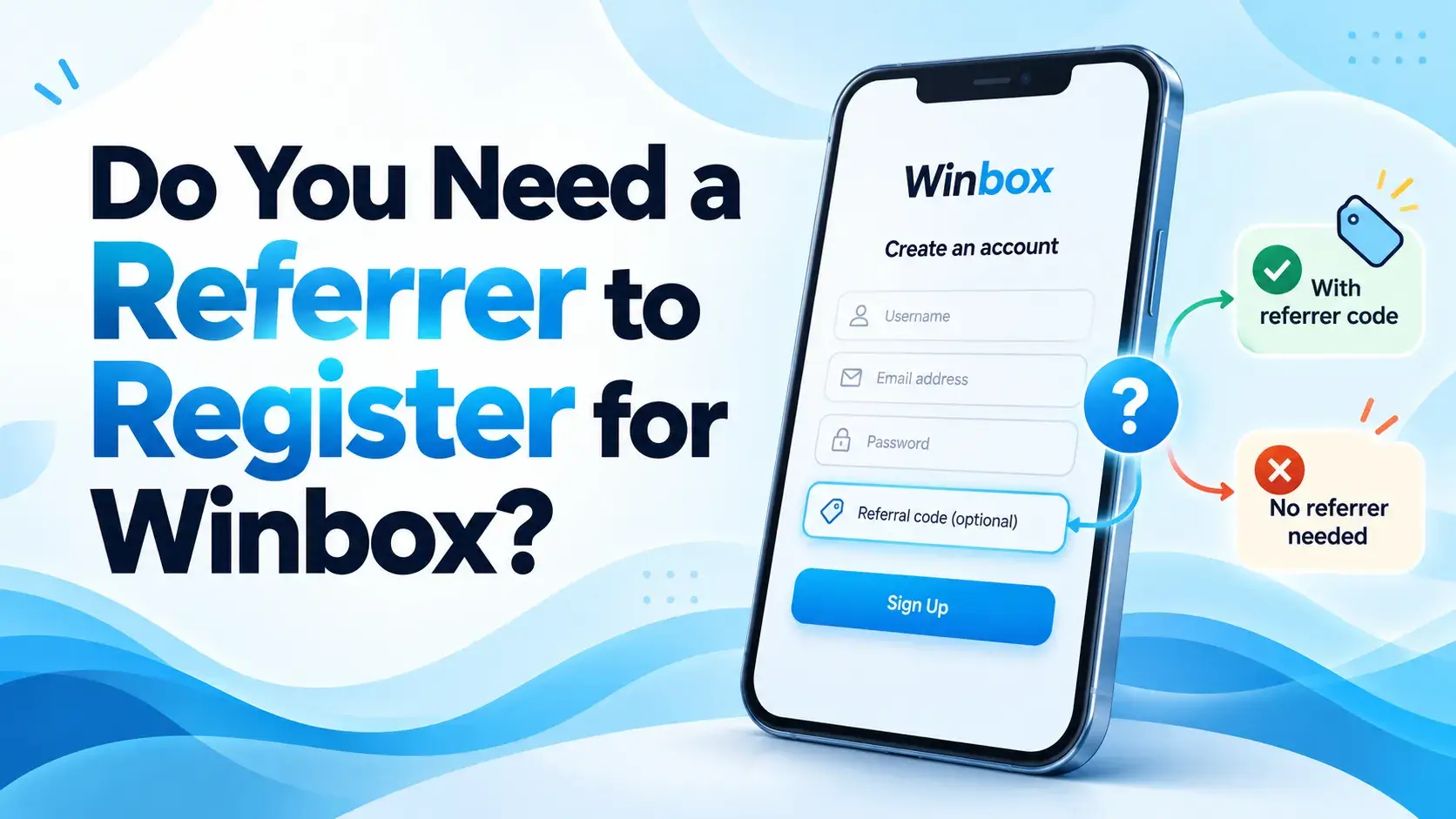 A phone showing a sign-up form with a referral code field, next to two cards showing a path with a referrer code and a path without one