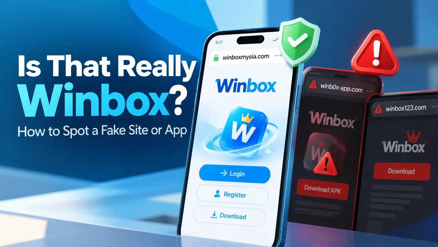 A phone showing a genuine winboxmysia.com page with Login, Register and Download buttons and a green shield checkmark, next to two phones showing lookalike fake addresses with red warning triangles