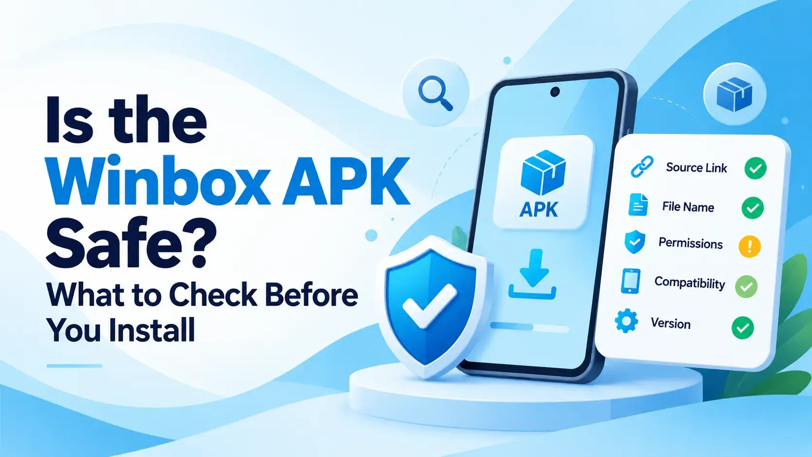一部手机显示 APK 图标,旁边有一个盾牌加勾选的标志,另一张检查清单卡片列出来源链接、文件名、权限、兼容性、版本号几个待查项目