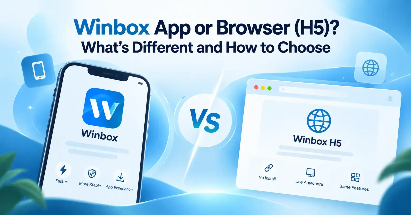 Telefon bimbit dengan aplikasi Winbox di sebelah kiri dan tetingkap pelayar dengan Winbox H5 di sebelah kanan, dipisahkan oleh tanda VS.