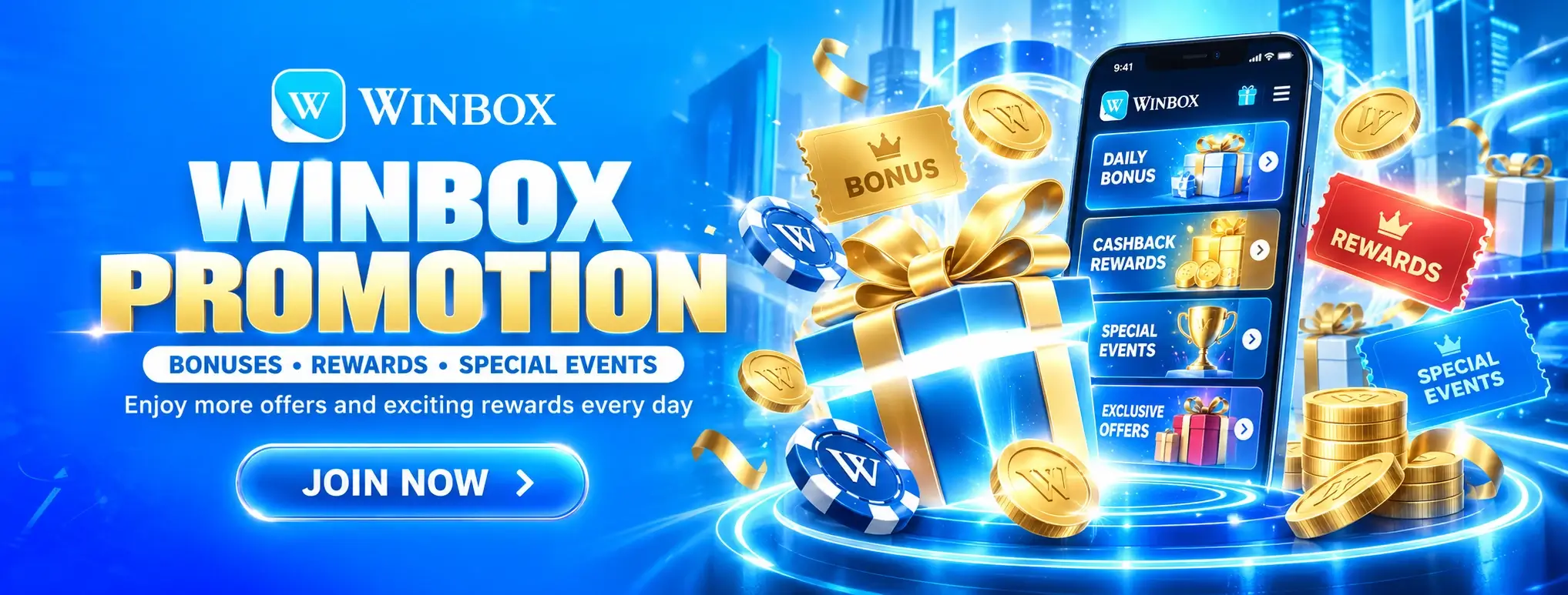 Sepanduk promosi menunjukkan kotak hadiah dan telefon pintar dengan menu ganjaran Winbox