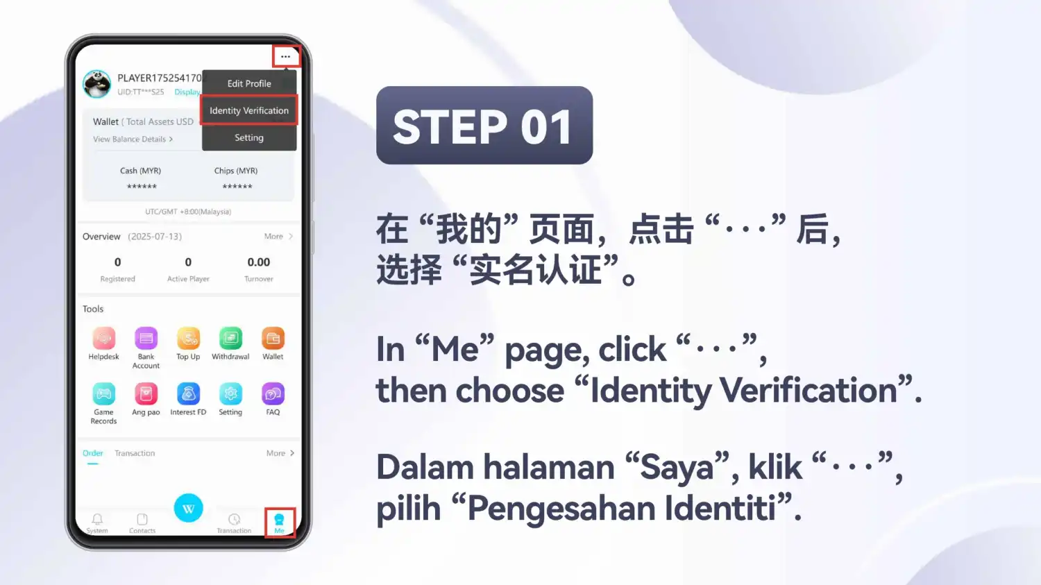 赢宝应用的 “Me” 页面,三点菜单已展开,“Identity Verification” 一项已用红框标出,幻灯片标注为 Step 01