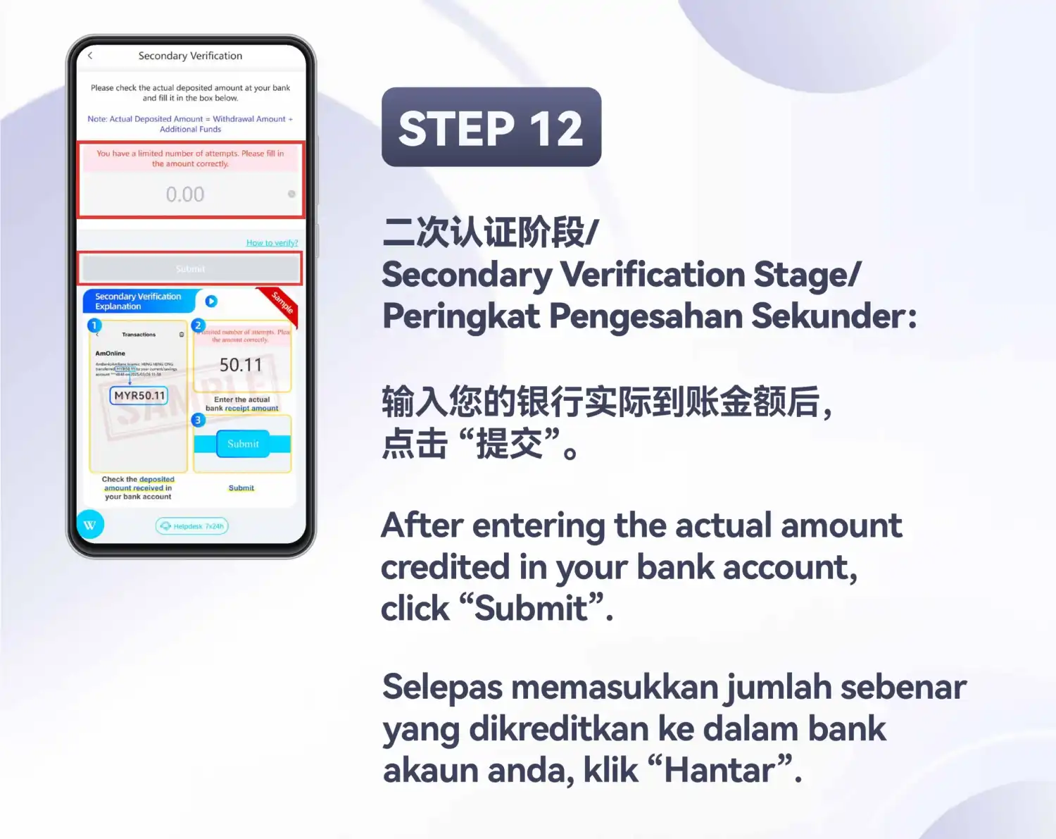 “Secondary Verification” 页面,空的金额栏位和灰色的 “Submit” 按钮已用红框标出,下方有一张示例说明卡片,幻灯片标注为 Step 12