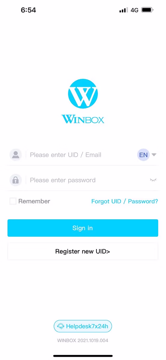 Skrin log masuk aplikasi Winbox dengan medan UID atau e-mel dan kata laluan, butang “Sign in” dan butang “Register new UID”