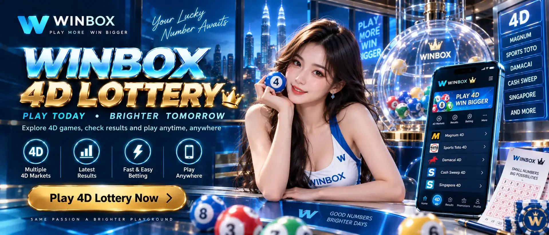 Sepanduk promosi menunjukkan telefon pintar dengan skrin loteri 4D Winbox