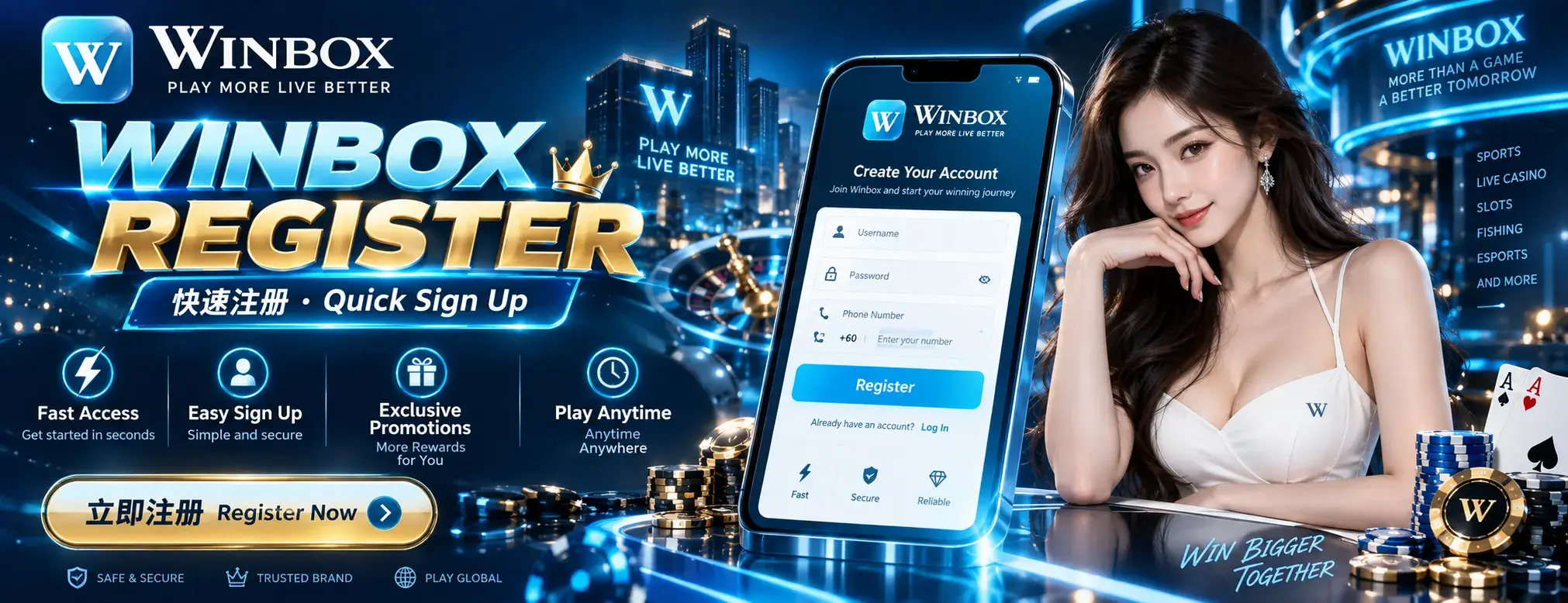 Sepanduk promosi menunjukkan telefon pintar dengan skrin pendaftaran akaun Winbox