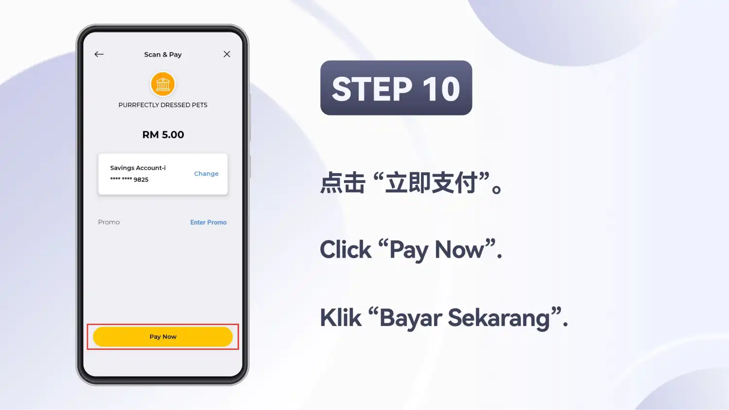 Skrin pengesahan pembayaran yang menunjukkan RM 5.00 dengan butang “Pay Now” diserlahkan