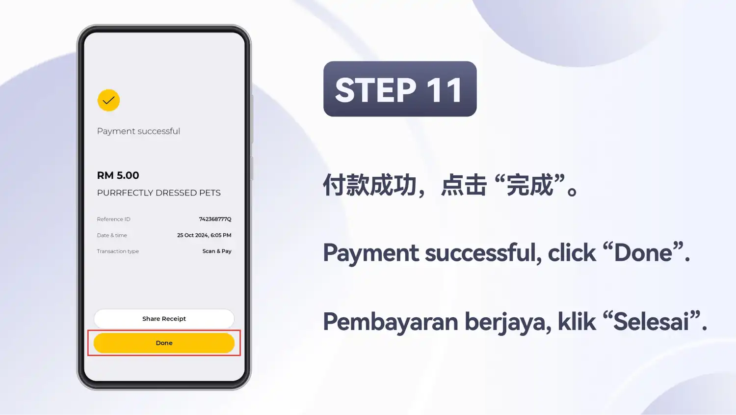 Skrin “Payment successful” aplikasi bank dengan butang “Done” diserlahkan