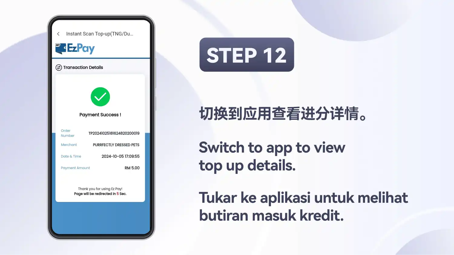 Halaman pembayaran yang menunjukkan mesej “Payment Success” dengan butiran pesanan