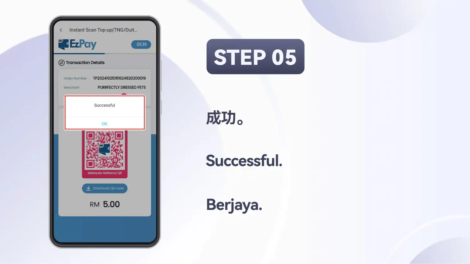 Halaman pembayaran dengan mesej “Successful” dan butang “OK” diserlahkan
