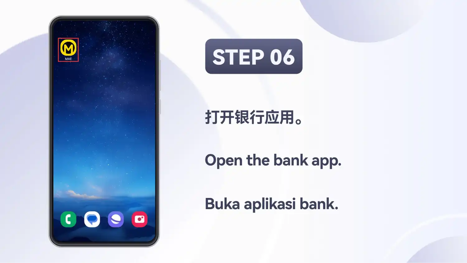 Skrin utama telefon dengan ikon aplikasi bank diserlahkan
