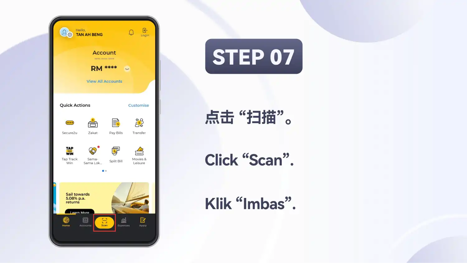 Skrin utama aplikasi bank dengan butang “Scan” diserlahkan