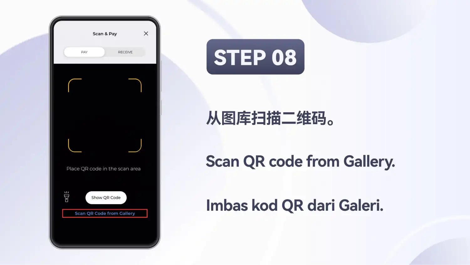 Skrin “Scan & Pay” dengan pilihan “Scan QR Code from Gallery” diserlahkan