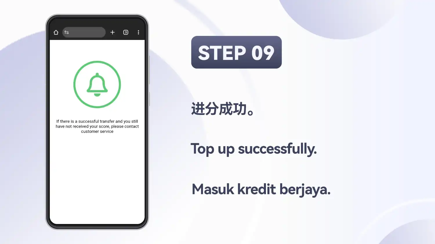 Skrin akhir dengan ikon loceng hijau dan nota tentang menghubungi khidmat pelanggan