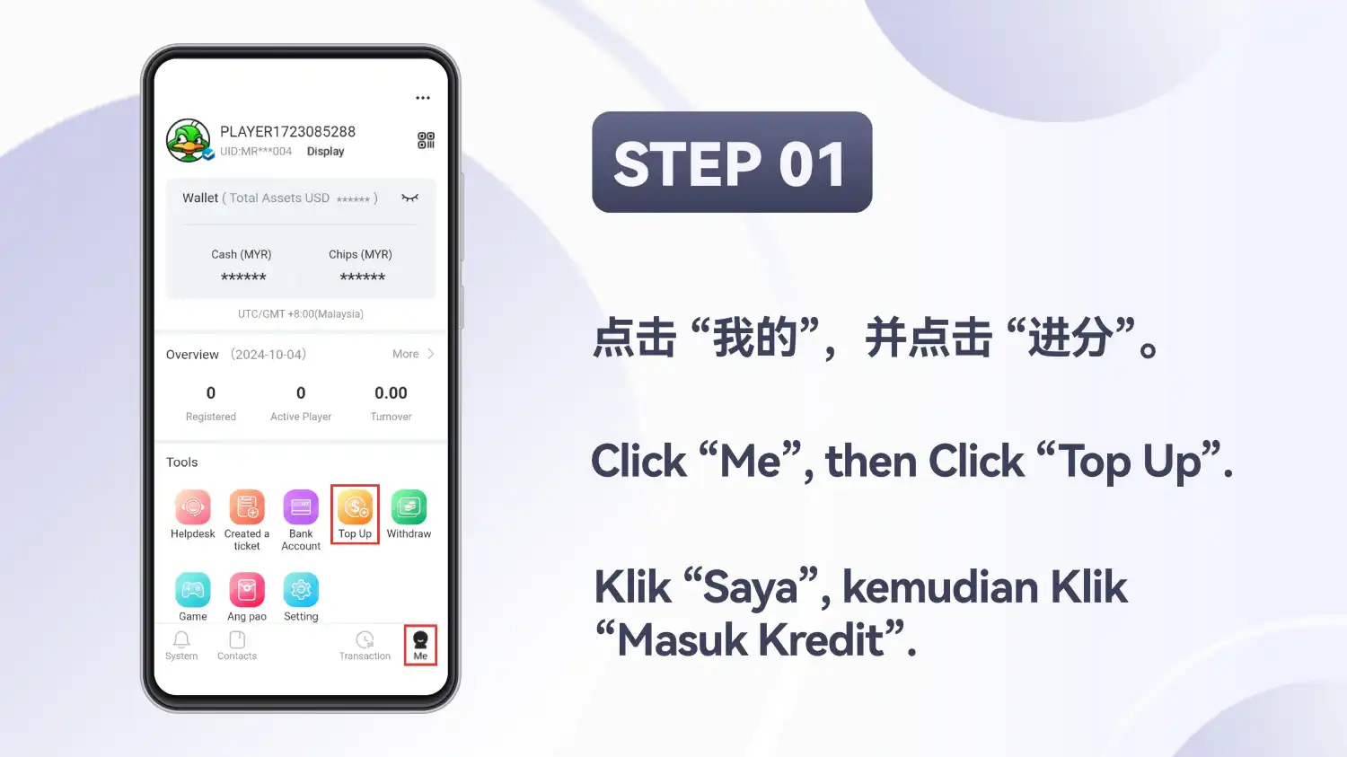 Skrin “Me” Winbox dengan tab “Me” dan alat “Top Up” diserlahkan