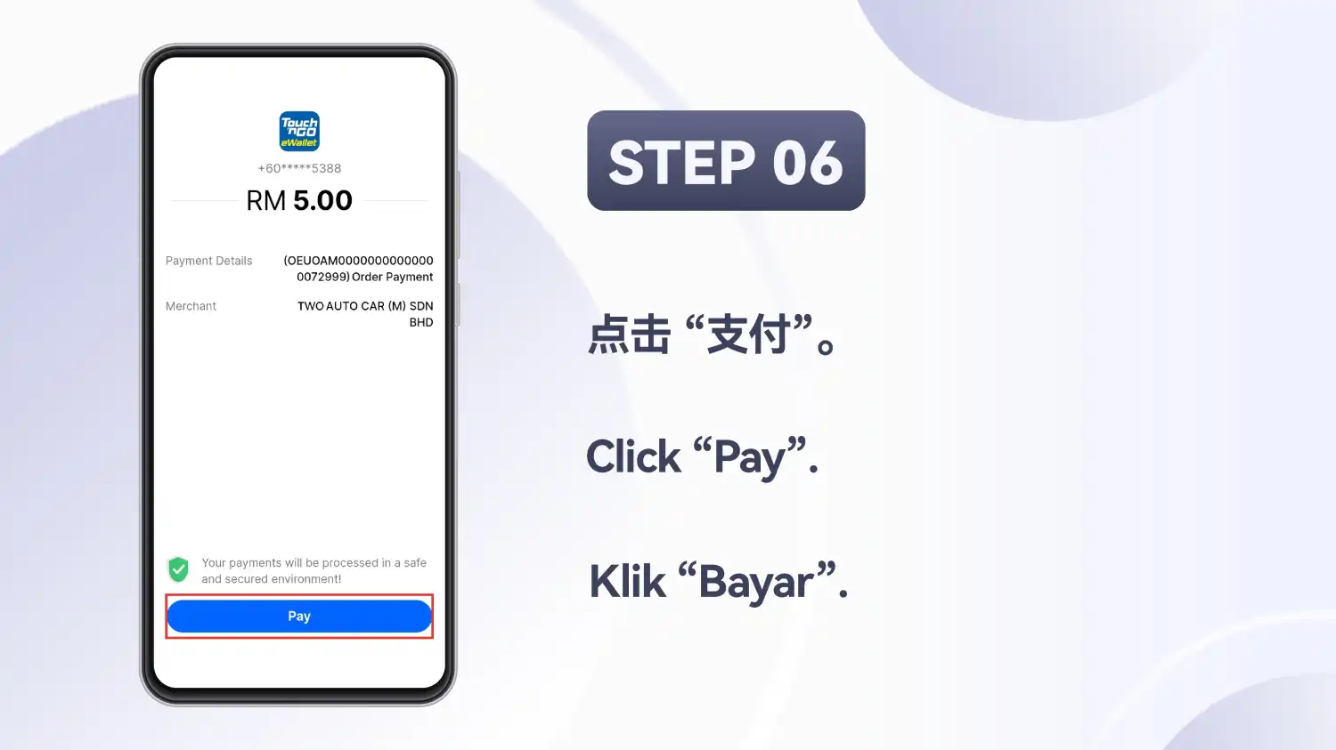 Skrin pembayaran Touch n Go yang menunjukkan RM 5.00 dengan butang “Pay” diserlahkan