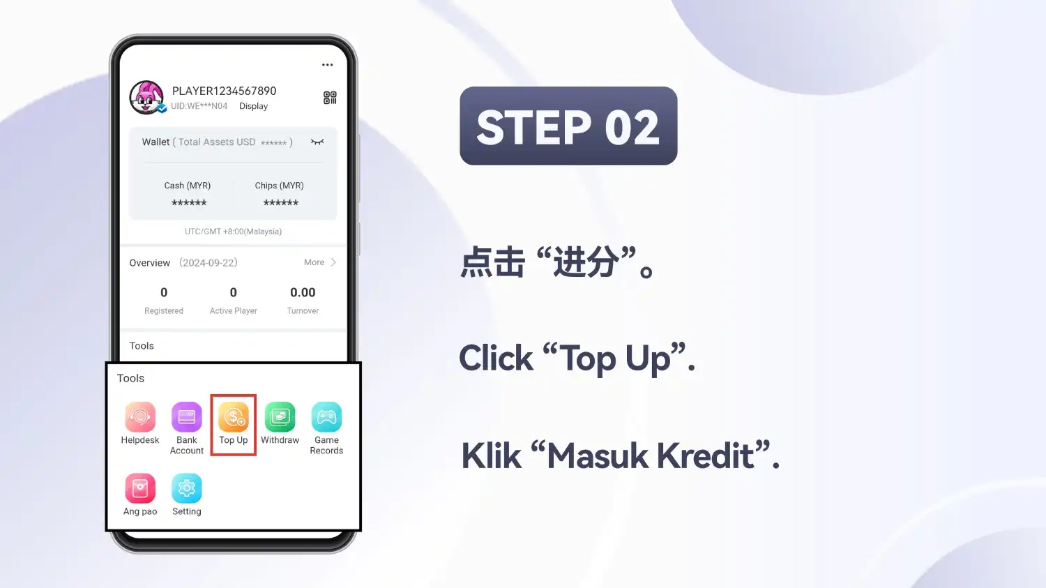 Skrin “Me” Winbox dengan alat “Top Up” diserlahkan dalam panel “Tools”