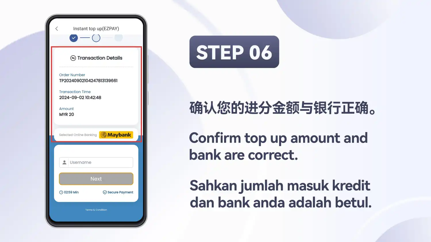 Halaman pembayaran dengan butiran transaksi, jumlah dan bank yang dipilih diserlahkan