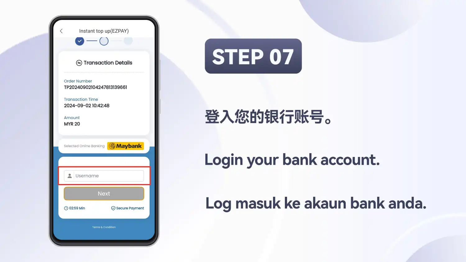 Halaman pembayaran dengan ruangan nama pengguna diserlahkan di atas butang “Next”
