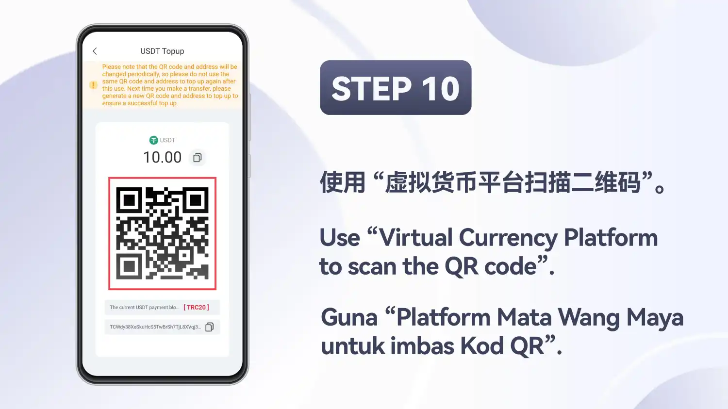 Skrin pembayaran USDT Topup dengan kod QR dibulatkan merah, pada slaid yang tertera STEP 10