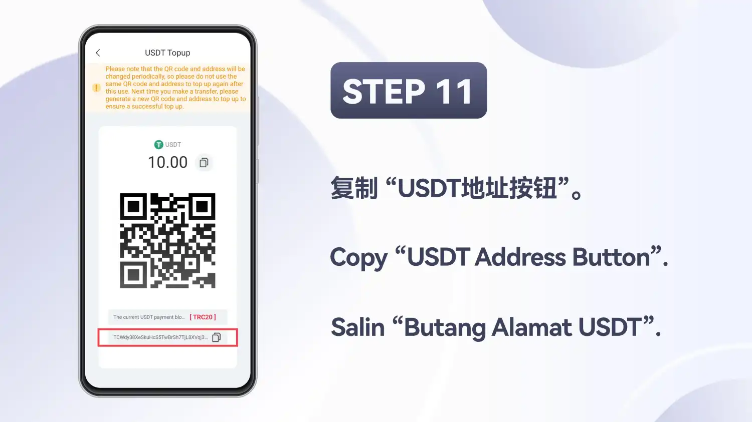 Skrin pembayaran USDT Topup dengan baris alamat dan butang salinnya dibulatkan merah, pada slaid yang tertera STEP 11