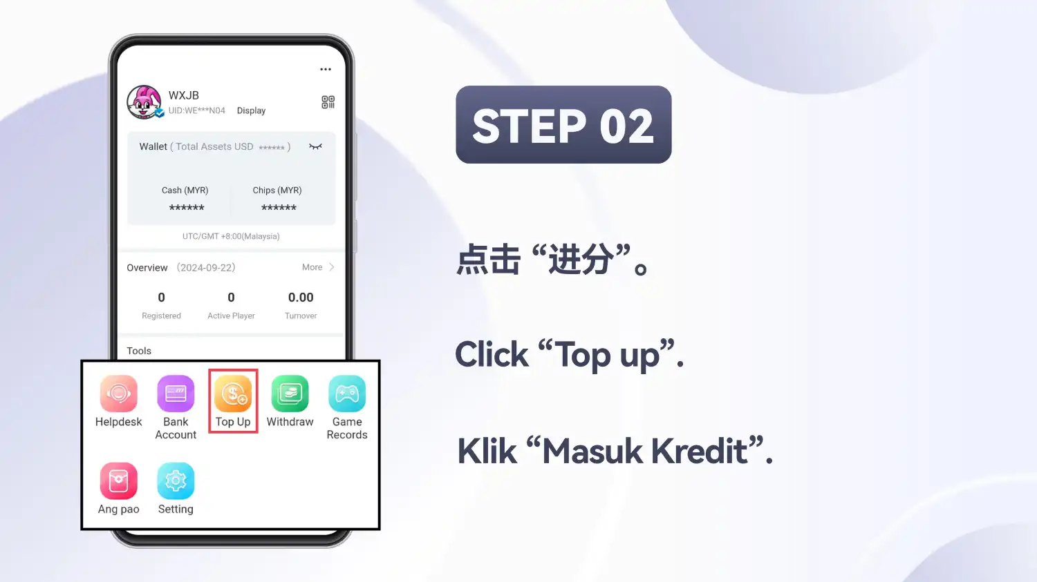Panel Tools diperbesarkan dengan alat Top Up diserlahkan, pada slaid yang tertera STEP 02