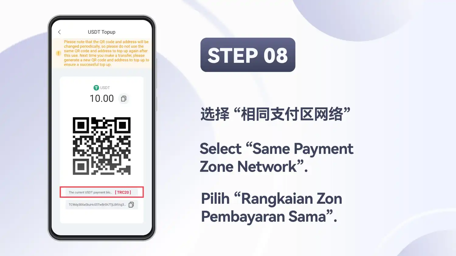 Skrin pembayaran USDT Topup dengan jumlah, kod QR, baris rangkaian bertulis TRC20 yang dibulatkan merah dan alamat yang boleh disalin, pada slaid yang tertera STEP 08