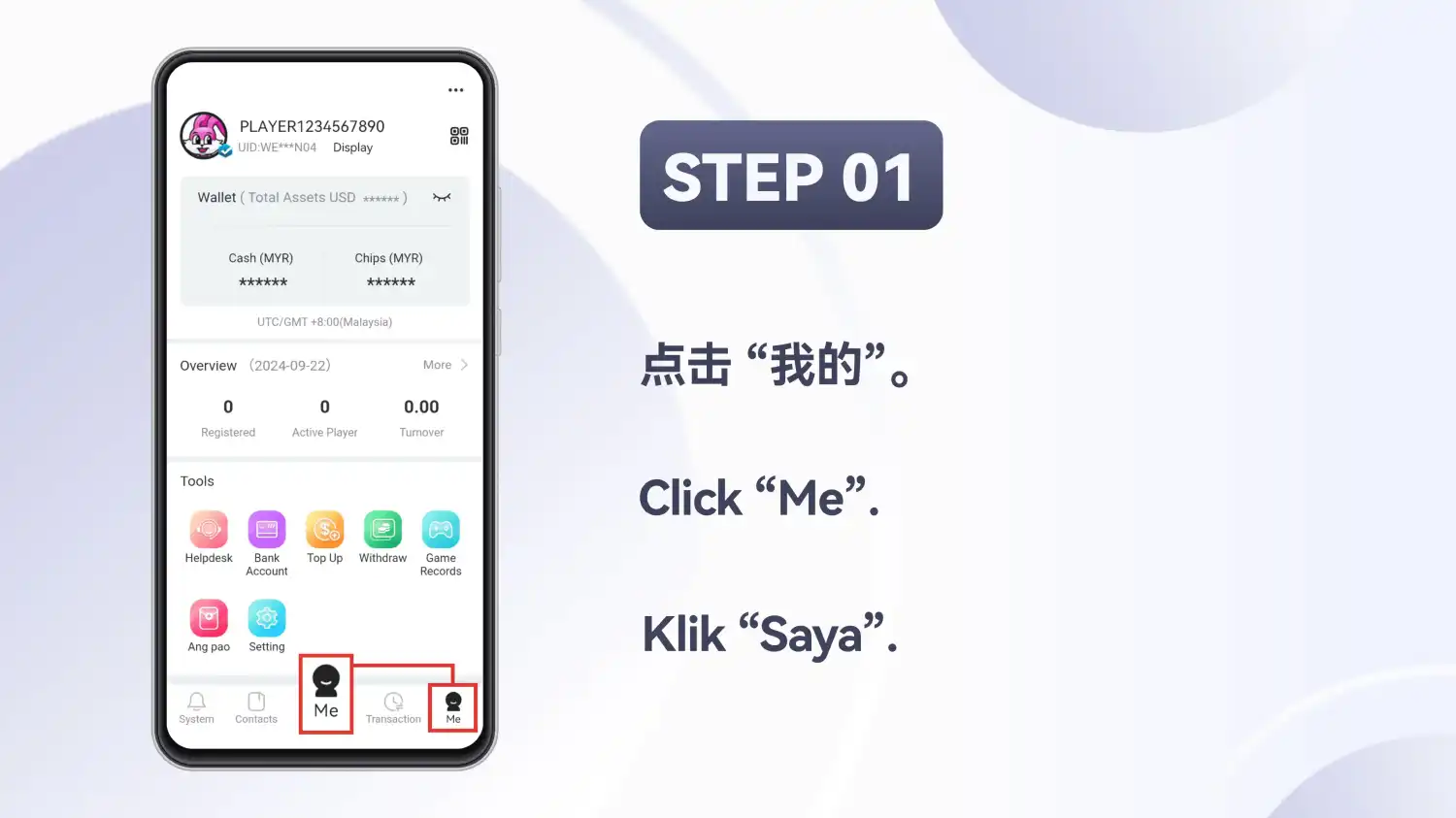 Skrin utama Winbox dengan tab “Me” diserlahkan