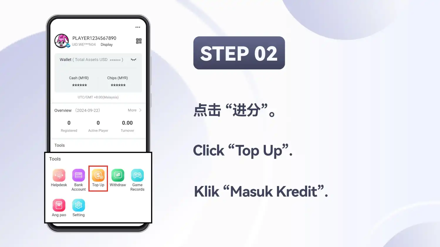 Skrin “Me” Winbox dengan alat “Top Up” diserlahkan dalam panel “Tools”