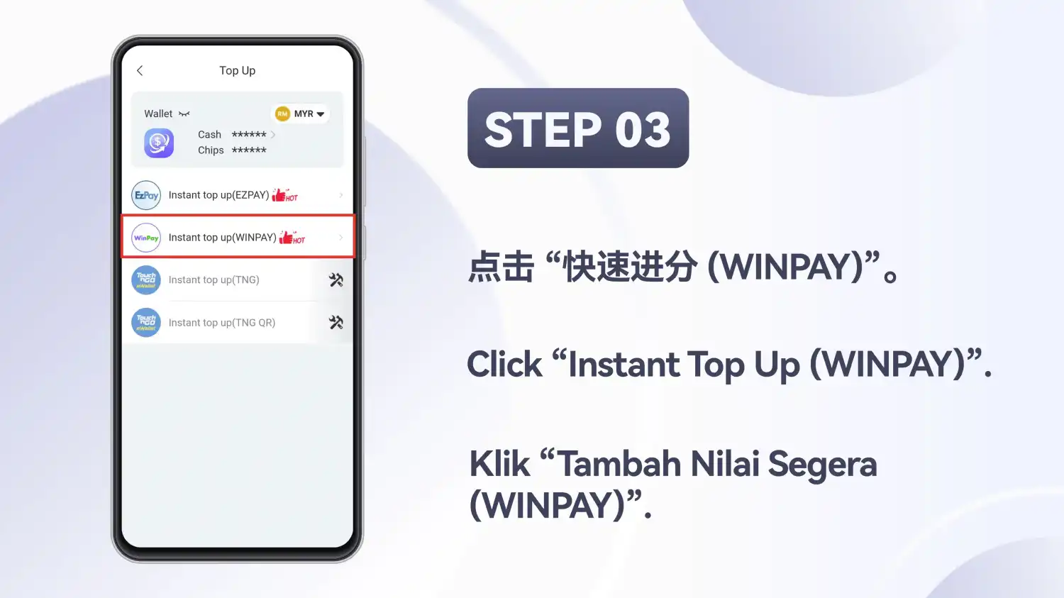 Skrin “Top Up” dengan “Instant top up (WINPAY)” diserlahkan