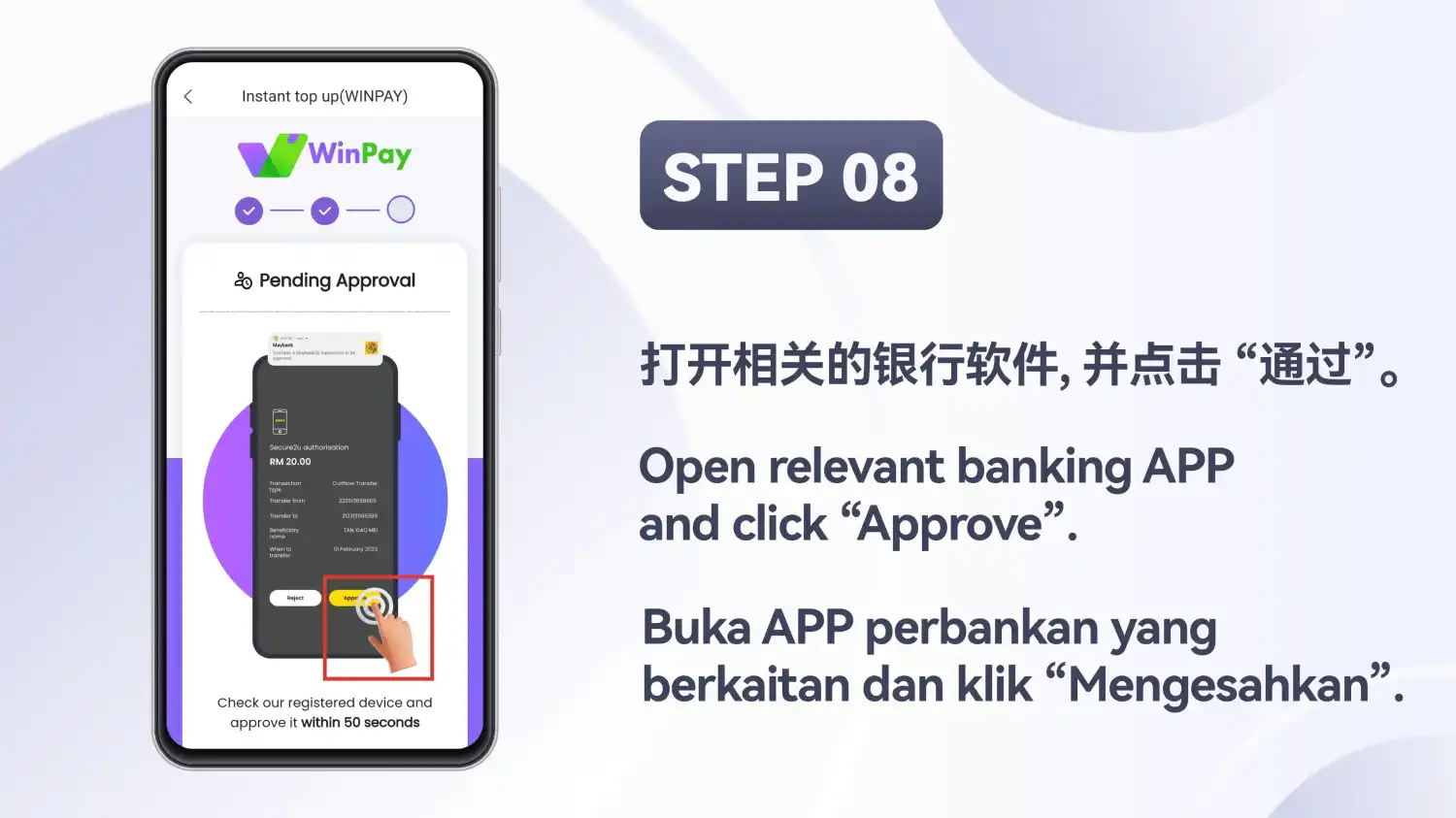 Skrin “Pending Approval” dengan butang luluskan dalam aplikasi perbankan diserlahkan