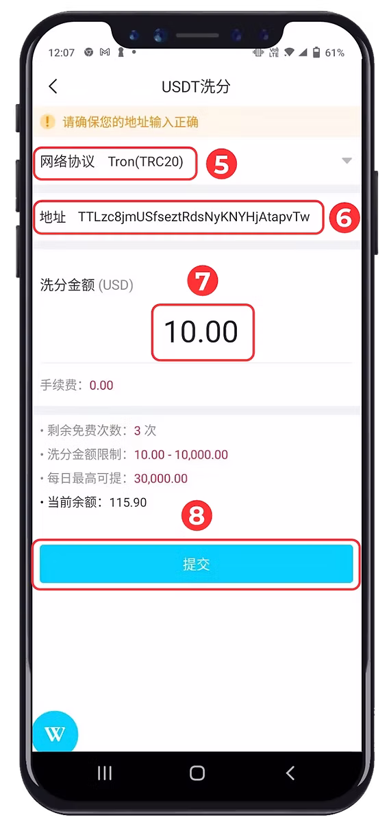 Borang pengeluaran USDT dengan medan protokol rangkaian, alamat dan jumlah serta butang “Submit” (Hantar), masing-masing ditandakan dengan nombor merah dari 5 hingga 8