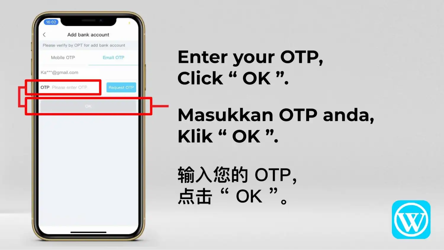 Skrin pengesahan dengan ruangan OTP dan butang “OK” diserlahkan
