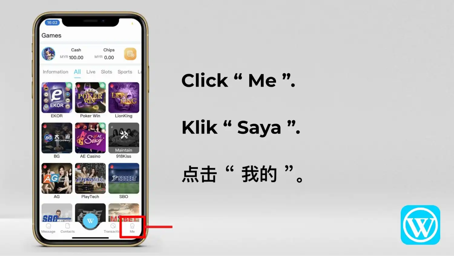 Skrin utama Winbox dengan tab “Me” di bar bawah diserlahkan