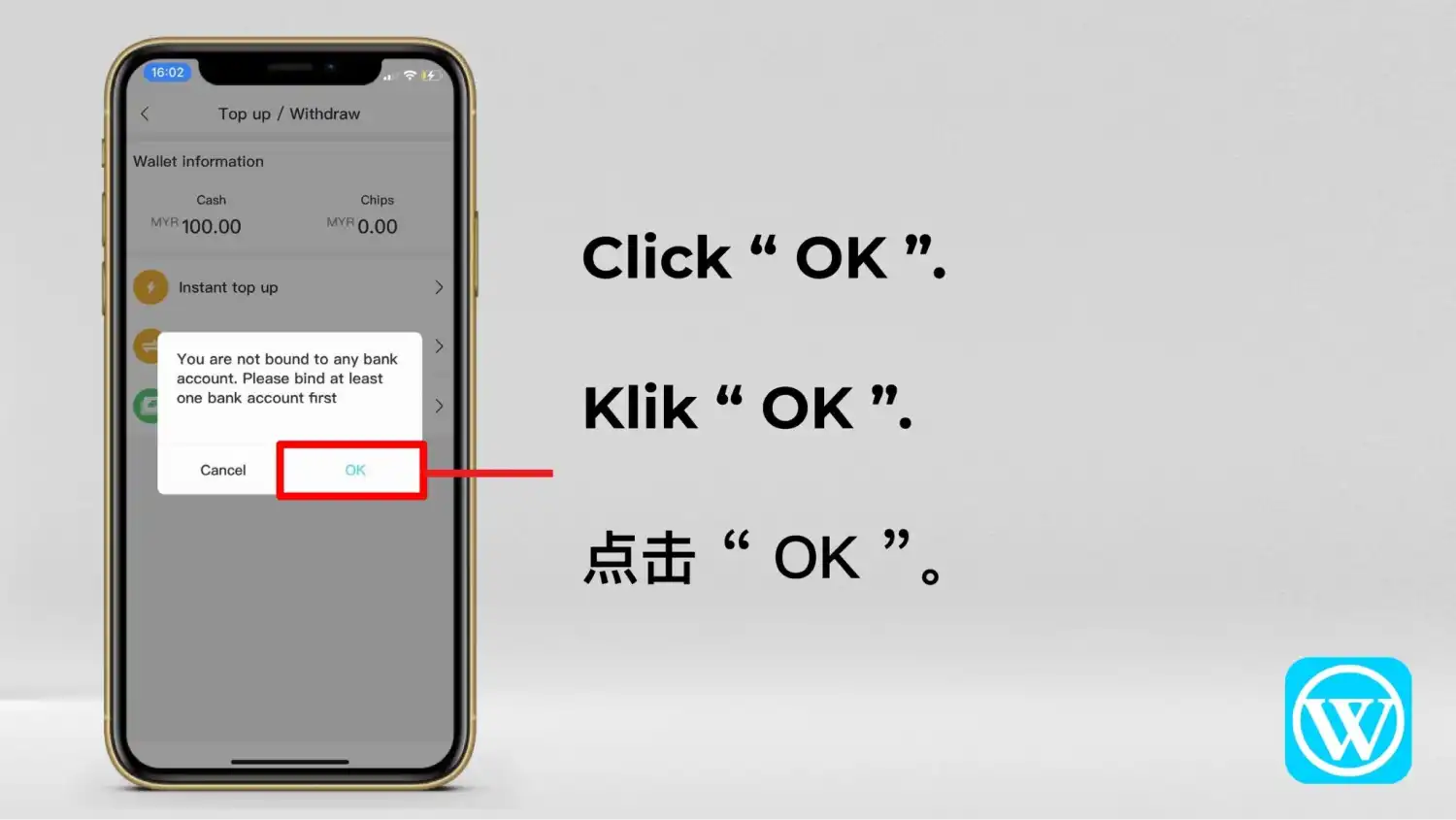 Mesej yang menyatakan akaun belum dikaitkan dengan mana-mana akaun bank, dengan butang “OK” diserlahkan