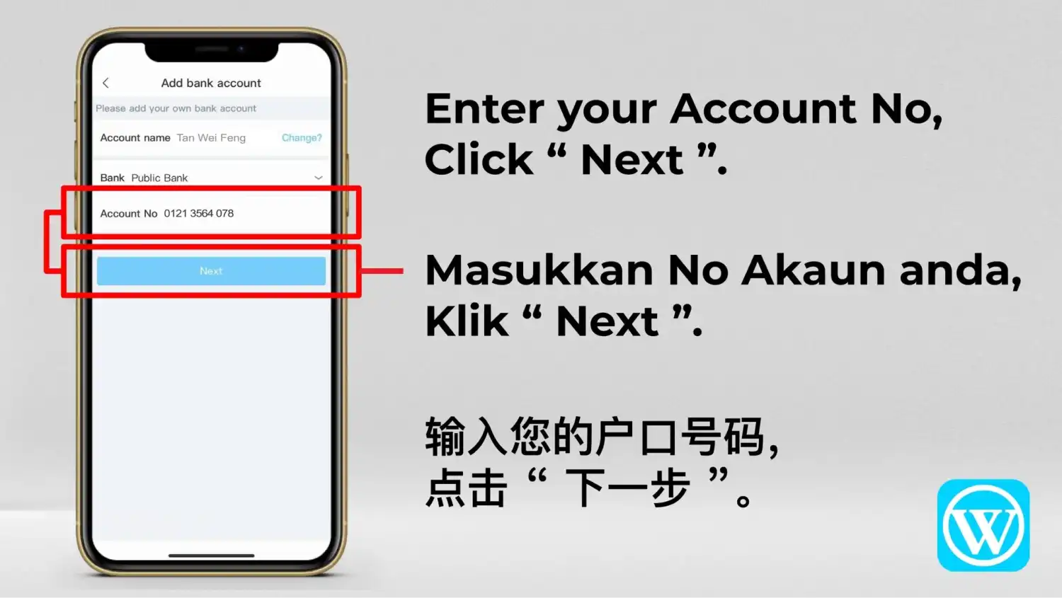Borang “Add bank account” dengan bank dipilih, ruangan nombor akaun dan butang “Next” diserlahkan