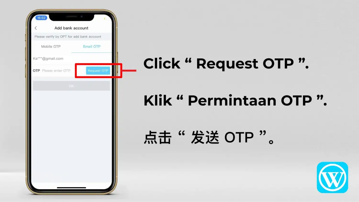 Skrin pengesahan “Add bank account” dengan butang “Request OTP” diserlahkan